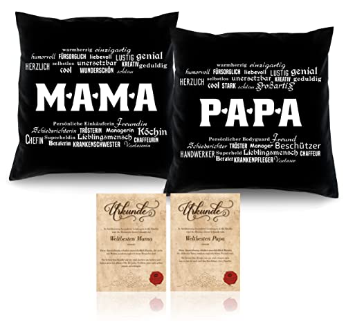 Soreso Design Geschenk für Mama und Papa zu Weihnachten 2er Kissen-Set/Mama/Papa Geschenkidee Geschenke-Set Eltern Kissen 40 x 40 cm schwarz von Soreso Design