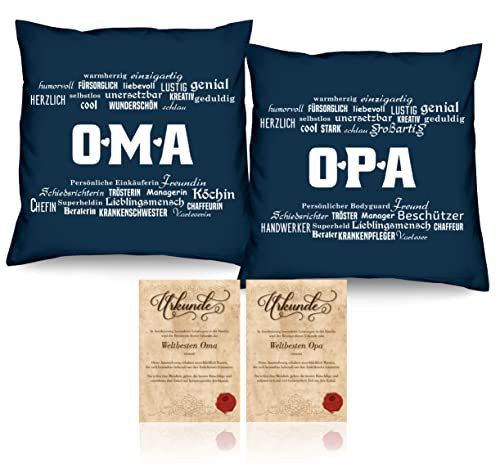 Soreso Design Geschenk für Oma und Opa zu Weihnachten 2er Kissen-Set/Oma/Opa Geschenkidee Geschenke-Set Großeltern Kissen 40 x 40 cm Navyblau von Soreso Design