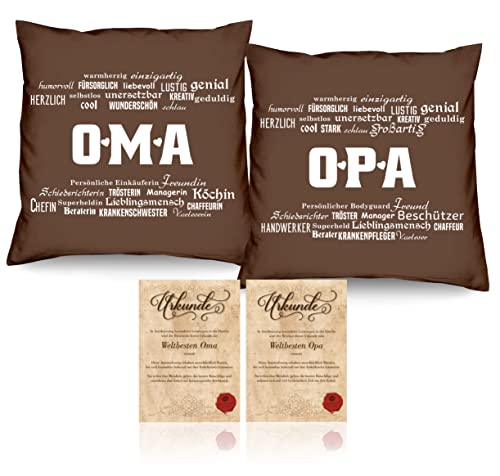 Soreso Design Geschenk für Oma und Opa zu Weihnachten 2er Kissen-Set/Oma/Opa Geschenkidee Geschenke-Set Großeltern Kissen 40 x 40 cm braun von Soreso Design