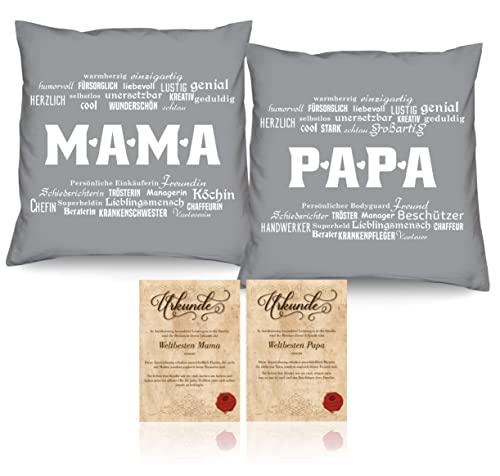 Soreso Design Mama Papa Geschenk zu Weihnachten 2er Kissen-Set + 2 Urkunden/Mama/Papa Geschenkidee Geschenke-Set Eltern Deko-Kissen mit Spruch von Soreso Design
