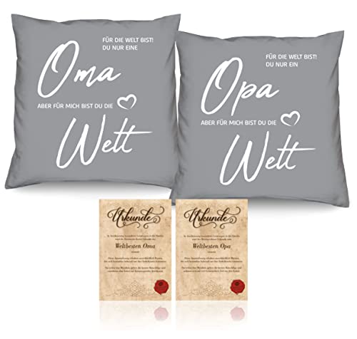 Soreso Design Oma Opa Geschenk zu Weihnachten 2er Kissen-Set + 2 Urkunden/Für die Welt bist du nur eine Oma/Für die Welt bist du nur EIN Opa Geschenke-Set Großeltern Deko-Kissen mit Spruch von Soreso Design