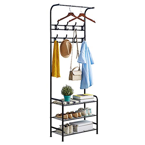 Garderobenständer Schuhbank mit 16 Haken, Metallgarderobe Hutablage Freistehender Kleiderständer mit 3 Ebenen Schuhregal Bank, 3-in-1 Flur Baum mit Metallrahmen, einfache Montage von Sorfity