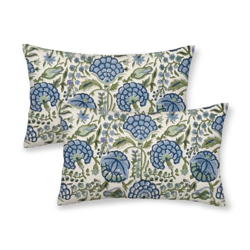 Kissenbezüge mit Blumenmuster, Vintage-Stil, Blau, Salbeigrün, 30,5 x 50,8 cm, 2 Stück, Boho-Blumen, für Außenbereich, dekorativ, Frühling, Sommer, Bauernhaus, Leinen, Kissenbezüge für Bett, Sofa von Sorktse