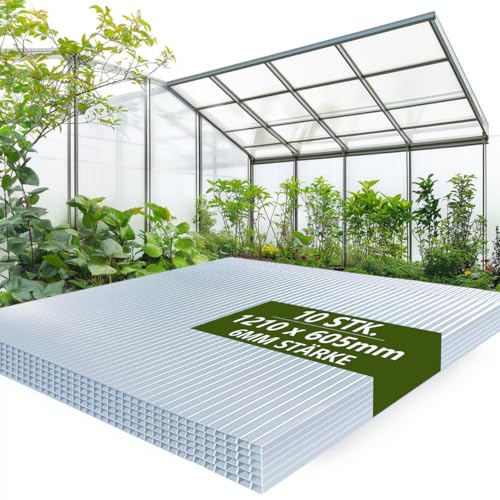 Sorlpv 10x Polycarbonat Hohlkammerstegplatten 1210X605mm 7,32m², Zuschneidbar Ersatzplatten Doppelstegplatte 6mm, Gewächshausplatte UV-beständigen Stoßsicheren für Gewächshaus Gartenbau Carports usw von Sorlpv