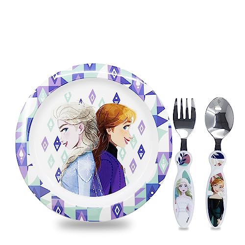 Sorrisini Kindergeschirr Set Disney | Kinderbesteck Gabel Löffel aus Edelstahl Teller | Wiederverwendbares Geschirr für Kinder | Kinder Frühstücksset Frozen von Sorrisini