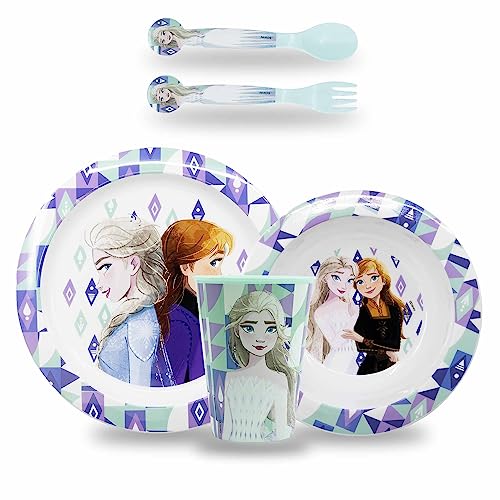 Sorrisini Kindergeschirr Set Disney | Wiederverwendbares Kindergeschirr mit Teller, Müslischale, Becher und Besteck | Kinderfrühstücksset Frozen von Sorrisini