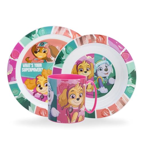 Sorrisini Kindergeschirr set Paw Patrol, Wiederverwendbares Babygeschirr Set, Kinder Essgeschirr, Microwaveable Kinder Geschirr Teller, Müslischale, Frühstücksset, Trinkbecher 390ml, Skye von Sorrisini