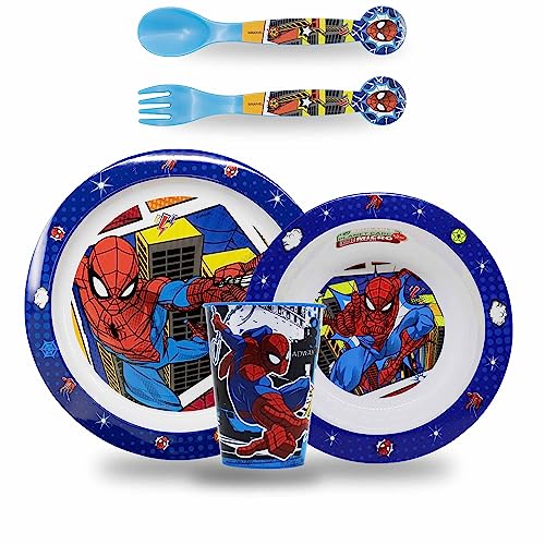 Sorrisini Children's Crockery Set | Wiederverwendbares Geschirrset für Kinder | Kindergeschirr Set mit Teller, Müslischale, Trinkbecher und Besteck | Frühstücksset für Kinder Spiderman von Sorrisini