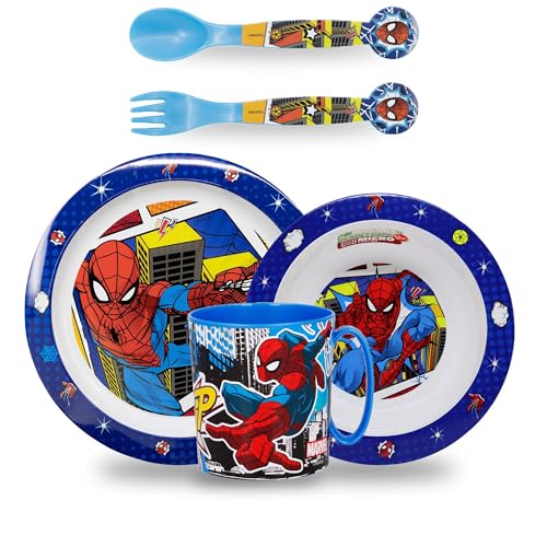 Sorrisini Spiderman Kindergeschirr Set | Wiederverwendbares Frühstücksset mit Teller Müslischale Trinkbecher 350ml kinderbesteck | BPA free Hartplastik von Sorrisini