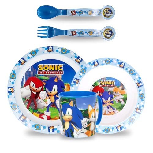 Sorrisini Kindergeschirr Set Sonic, Wiederverwendbares Babygeschirr Set, Kinder Essgeschirr Plastik Microwaveable Kinder Geschirr Teller, Müslischale, Trinkbecher 350ml kinderbesteck, Frühstücksset von Sorrisini