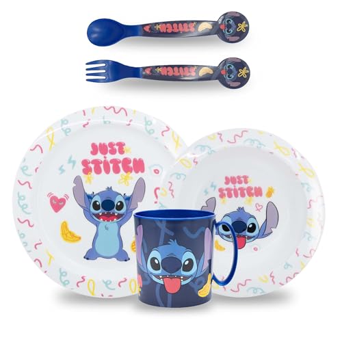 Sorrisini Kindergeschirr set Stitch, Wiederverwendbares Babygeschirr Set, Kinder Essgeschirr, Microwaveable Kinder Geschirr Teller, Müslischale, Frühstücksset, Trinkbecher 350ml, kinderbesteck von Sorrisini