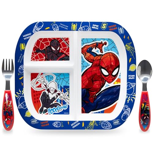 Sorrisini Wiederverwendbares Geschirr-Set, 3-teiliges Teller-Set, Entwöhnungsset für Babys mit Teller, Besteck aus Edelstahl, Kunststoffteller geeignet für Mikrowelle, Spiderman Sorrisini Wiederverwendbares Geschirr-Set, 3-teiliges Teller-Set, Entwöhnungsset für Babys mit Teller, Besteck aus Edelstahl, Kunststoffteller geeignet für Mikrowelle, Spiderman von Sorrisini