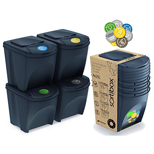 Sortibox 4er Set Mülleimer Abfalleimer Küche (80 Liter 4x25L) Papierkorb Behälter Abfallsammler Mülltrenner Sammler Biomüll Badeimer (Anthrazit) von Sortibox