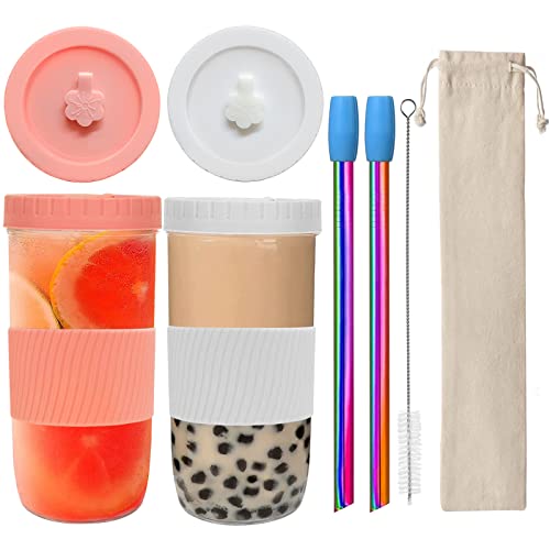 Bubble Tea Becher mit Strohhalmen 2 Stück,Smoothie Becher,Wiederverwendbare Mason Jar Glas für Getränke,Für Kaffee, Milchshakes, Säfte, Smoothies, Bier, Getränke(Rosa, weiß) von Sosayet