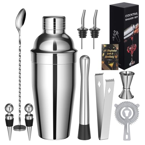 Cocktail Shaker, 10 Stück Edelstahl Cocktail Mix Set mit Rezeptbuch, 750 ML Premium Barkeeper Set für Zuhause, Bar von Sosayet