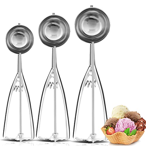 Eisportionierer Eislöffel, 3 Stück Edelstahl Cookie Scoop Set, Klein 4cm, Mittel 5cm, Groß 6cm, Keksportionierer Speiseeislöffel, Eiscremelöffel mit Auslöser für Obst Eiscreme Plätzchen Teig von Sosayet