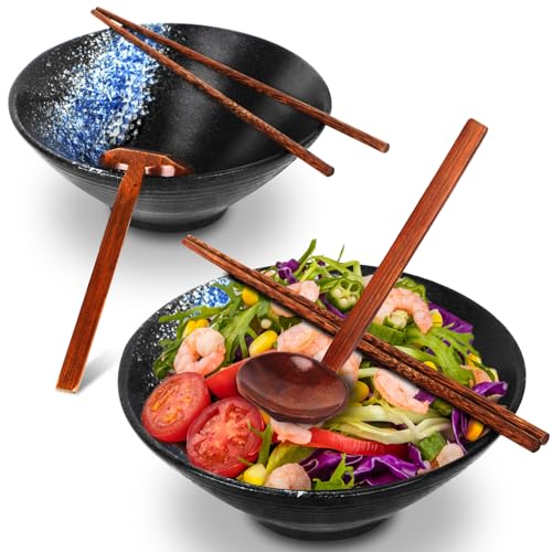 Sosayet Ramen Schüssel Keramik, 2 Sets (6 Stück) Ramen Bowl mit Löffel und Essstäbchen, Rutschfeste Japanische Schüssel Geschirr für Ramen, Salat, Müsli, 1000 ml, 20 x 20 x 8 cm von Sosayet