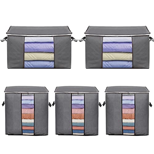 Sosayet 5 Stück Aufbewahrungstasche Schrank Organizer Set, Langlebige Reißverschluss und verstärktem Griff Vliesstoff Aufbewahrungstasche für Kleidung, Bettwäsche, Steppdecke, Kissen von Sosayet