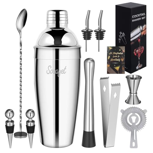 Sosayet Cocktail Shaker Set, 10-teiliges Edelstahl Cocktail Set mit Zubehör & Rezeptkarten, 750 mL Barkeeper Set für Anfänger & Profis - Geschenk für Männer von Sosayet