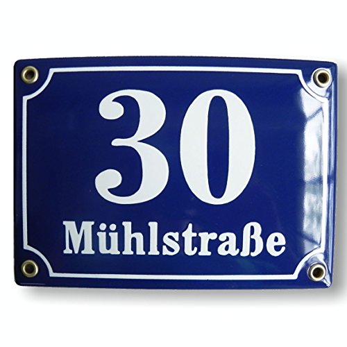 Sosenco Hausnummer Hausnummernschild Emaille 15x20 cm mit Wunschstraßennamen und Nummer Straßennamen, Hausschild, Individuell anpassbare Hausnummer, Vorbohrungen Wetterfest, Türschild, Wunschtext von Sosenco