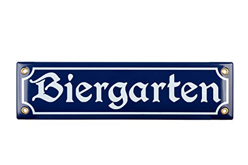 Sosenco Biergarten Schild - 8x30 cm - Keramik Emaille - Wetterfest - Oktoberfest Schild – Deko Blechschild – Oktoberfest - Emailleschild – Emailschild (Blau) von Sosenco