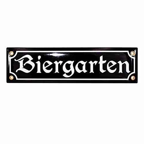 Sosenco Biergarten Schild - 8x30 cm - Keramik Emaille - Wetterfest - Oktoberfest Schild – Deko Blechschild – Oktoberfest - Emailleschild – Emailschild (Schwarz) von Sosenco