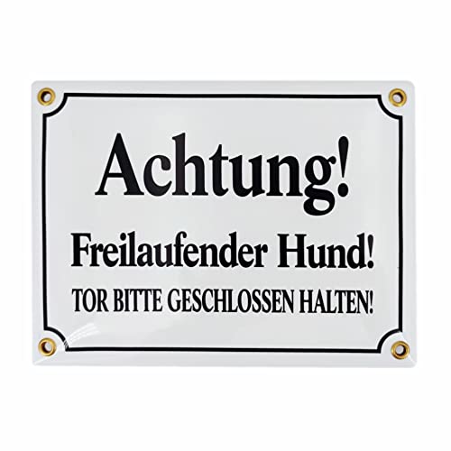 Sosenco Emailschild Achtung! FREILAUFENDER Hund! Tor Bitte GESCHLOSSEN HALTEN! 15x20 cm Warnschild wetterfest | Schild Emaille Hund Warnung von Sosenco