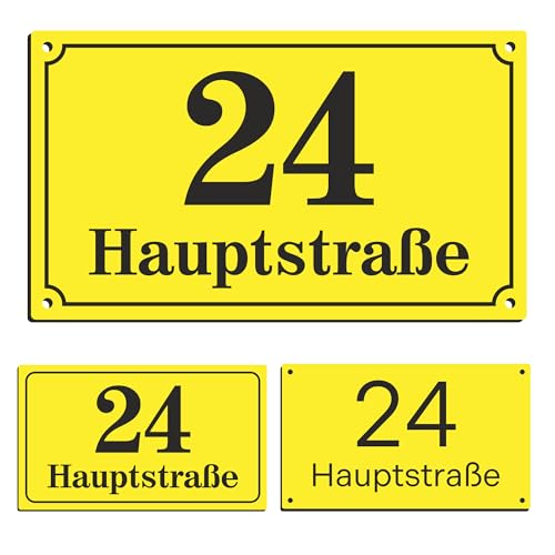 Sosenco Hausnummer 14x24 cm mit Wunschtext – Personalisiert mit dem Ort/Straßennamen und Nummer - Wetterfest Addressschild mit Gravur - Grafik- Größe- und Montageoptionen zur Auswahl (Gelb) von Sosenco