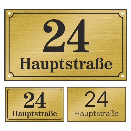 Sosenco Hausnummer 14x24 cm mit Wunschtext – Personalisiert mit dem Ort/Straßennamen und Nummer - Wetterfest Addressschild mit Gravur - Grafik- Größe- und Montageoptionen zur Auswahl (Golden) von Sosenco