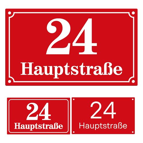 Sosenco Hausnummer 14x24 cm mit Wunschtext – Personalisiert mit dem Ort/Straßennamen und Nummer - Wetterfest Addressschild mit Gravur - Grafik- Größe- und Montageoptionen zur Auswahl (Rot) von Sosenco