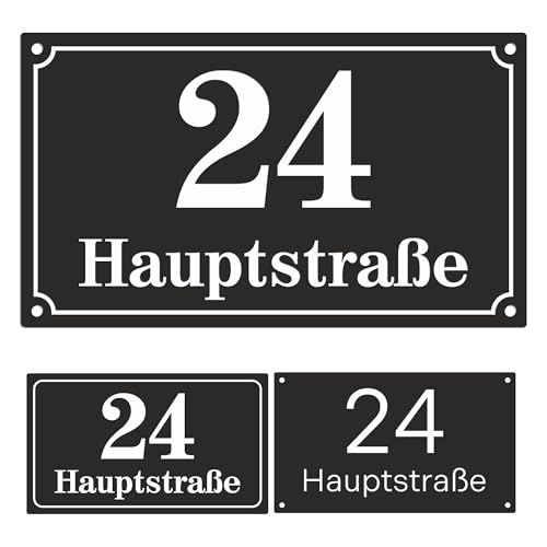 Sosenco Hausnummer 14x24 cm mit Wunschtext – Personalisiert mit dem Ort/Straßennamen und Nummer - Wetterfest Addressschild mit Gravur - Grafik- Größe- und Montageoptionen zur Auswahl (Schwarz) von Sosenco