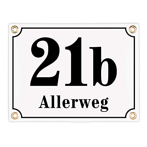 Sosenco Hausnummerschild Hausnummer mit Straßenname - 20x15 cm - Keramik Emaille - Wetterfest - Personalisiert (Weiß) von Sosenco