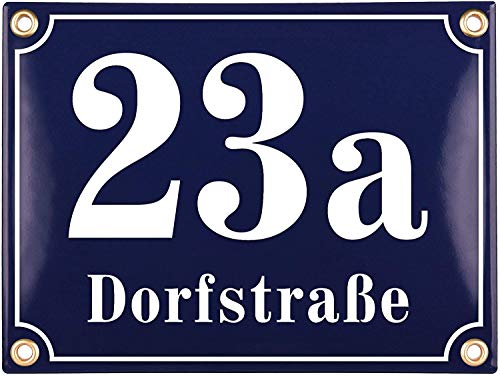 Sosenco Hausnummerschild Hausnummer mit Straßenname - 20x15 cm - Keramik Emaille - Wetterfest - Personalisiert - Blau von Sosenco