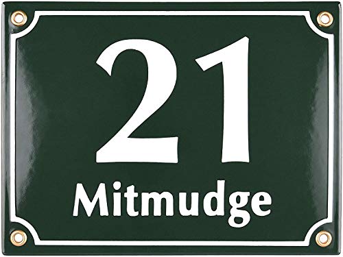 Sosenco Hausnummerschild Hausnummer mit Straßenname - 20x15 cm - Keramik Emaille - Wetterfest - Personalisiert - Grün von Sosenco
