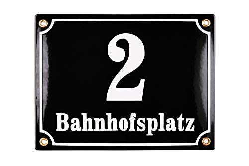 Sosenco Hausnummerschild Hausnummer mit Straßenname - 20x15 cm - Keramik Emaille - Wetterfest - Personalisiert - Schwarz von Sosenco