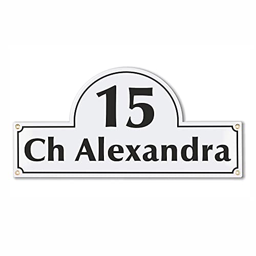 Sosenco Hausnummerschild Hausnummer mit Straßenname - 24x50 cm - Keramik Emaille - Wetterfest - Personalisiert (Weiß) von Sosenco