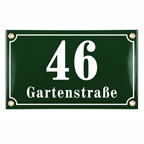 Sosenco Hausnummerschild Hausnummer mit Straßenname - 25x15 cm - Keramik Emaille - Wetterfest - Personalisiert (Grün) von Sosenco