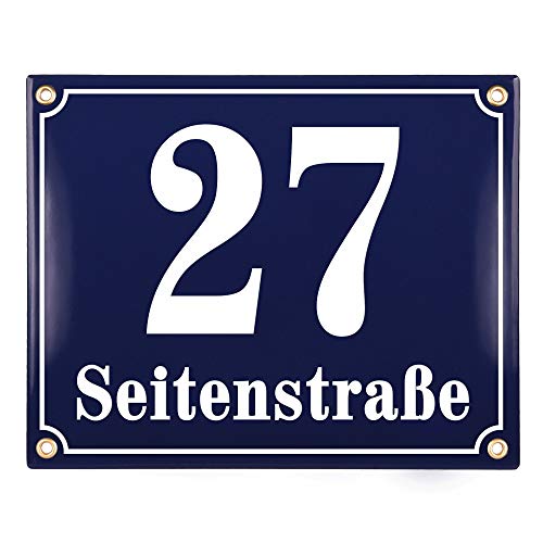 Sosenco Hausnummerschild Hausnummer mit Straßenname - 25x20 cm - Keramik Emaille - Wetterfest - Personalisiert (Blau) von Sosenco