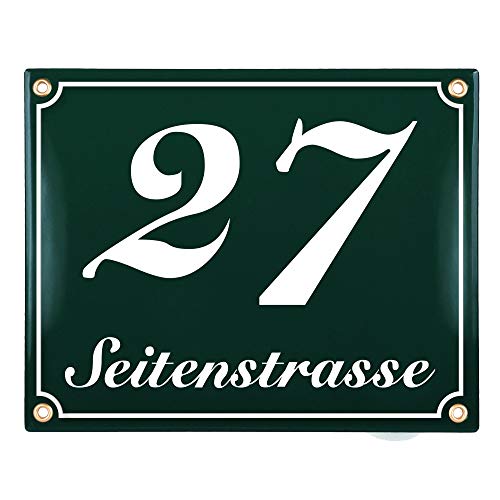 Sosenco Hausnummerschild Hausnummer mit Straßenname - 25x20 cm - Keramik Emaille - Wetterfest - Personalisiert (Grün) von Sosenco