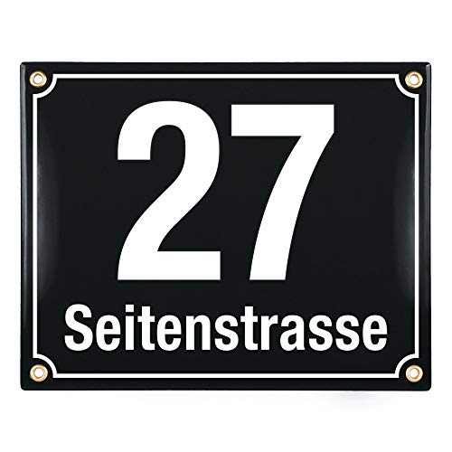 Sosenco Hausnummerschild Hausnummer mit Straßenname - 25x20 cm - Keramik Emaille - Wetterfest - Personalisiert (Schwarz) von Sosenco