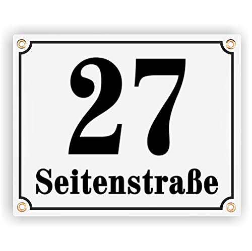 Sosenco Hausnummerschild Hausnummer mit Straßenname - 25x20 cm - Keramik Emaille - Wetterfest - Personalisiert (Weiß) von Sosenco