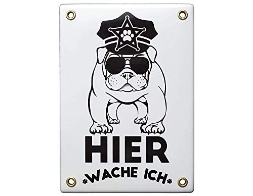 Hier Wache Ich Schild – 12x17 cm – Vorsicht Hund Schild - Keramik Emaille - Wetterfest – Hundewarnschild – Blechschild – Emailleschild – Emailschild Weiss von Sosenco