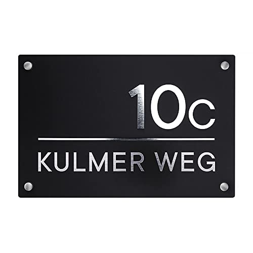 Sosenco Personalisiert Hausnummer aus Plexiglasscheibe und Laminat – 19x29 cm - Hausnummerschild Plexiglas – Hausnummern Wetterfest Schilder - Acryl Schwarz (Silber) von Sosenco