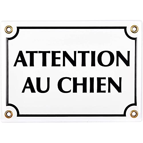 Sosenco Schild mit Aufschrift "Attention au au Dog", emailliert, 12 x 17 cm, Warnschild "Attention au hund" – Weiß von Sosenco