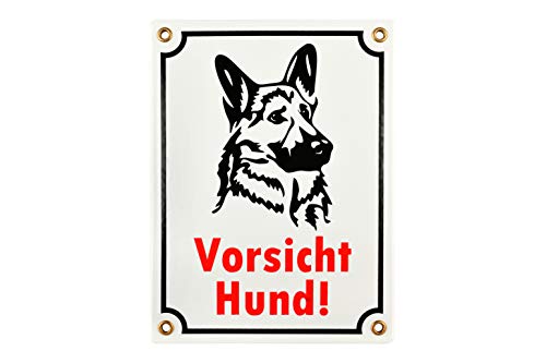 Vorsicht Hund Schild – 15x20 cm - Keramik Emaille - Wetterfest – Hundewarnschild –Blechschild – Emailleschild – Emailschild Weiss von Sosenco