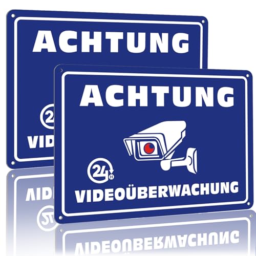 2 Schild Videoüberwachung Metall Alu, 25x18cm Achtung Videoüberwachung Schild Reflektierendes Aluminium Warnschild 24-Stunden Kameraüberwachung,4 Bohrlöcher für den Außenbereich geeignet Blau von Soserkouer