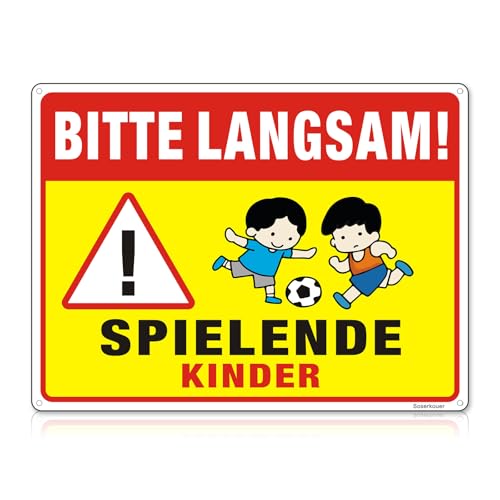 XXL Achtung Kinder Schild Reflektierendes Aluminium ，Spielende Kinder Warnschild ，40 x 30 cmBitte Langsam Fahren Groß Warnschild mit UV für Außenbereich Innenbereich Metall (yellow Warning 01) von Soserkouer