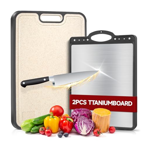 2 Stück Titan Schneidebrett,Titanium Cutting Board, Doppelseitiges Lebensmittel Grade Schneidebrett, Reisschalen-Faser, Rutschfeste Füße für Fleisch, Obst, Gemüse (2 Stück) von Sosisul