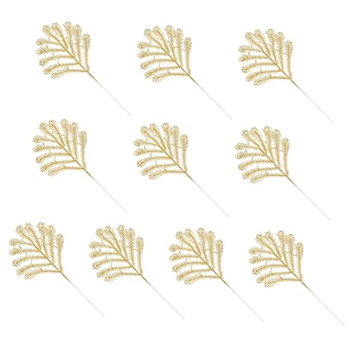 Sosoport 10 Stück Teiliges Künstliche Weihnachtsblätter mit Glitzereffekt Goldfarbene Simulation Weihnachtsbaum Deko Wiederverwendbare Christbaumschmuck für Tisch Kranz und DIY Zubehör von Sosoport