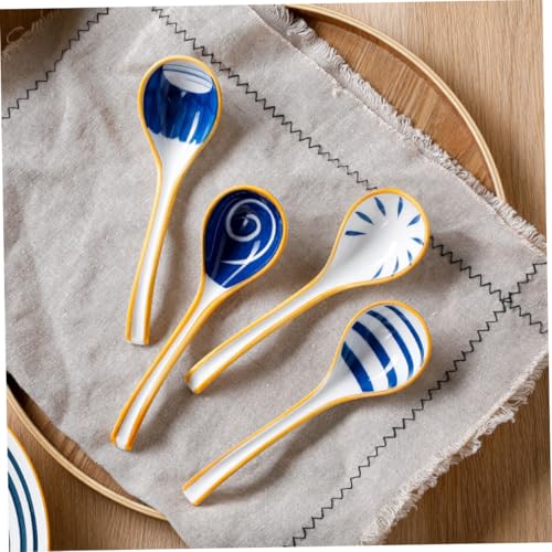 Sosoport 4 Stück Japanische Keramik Suppenlöffel Handbemalte Porzellan Löffel Glatte Oberfläche Spülmaschinenfest Stilvolles Design für Zuhause und Restaurant Vielseitig für Suppe von Sosoport
